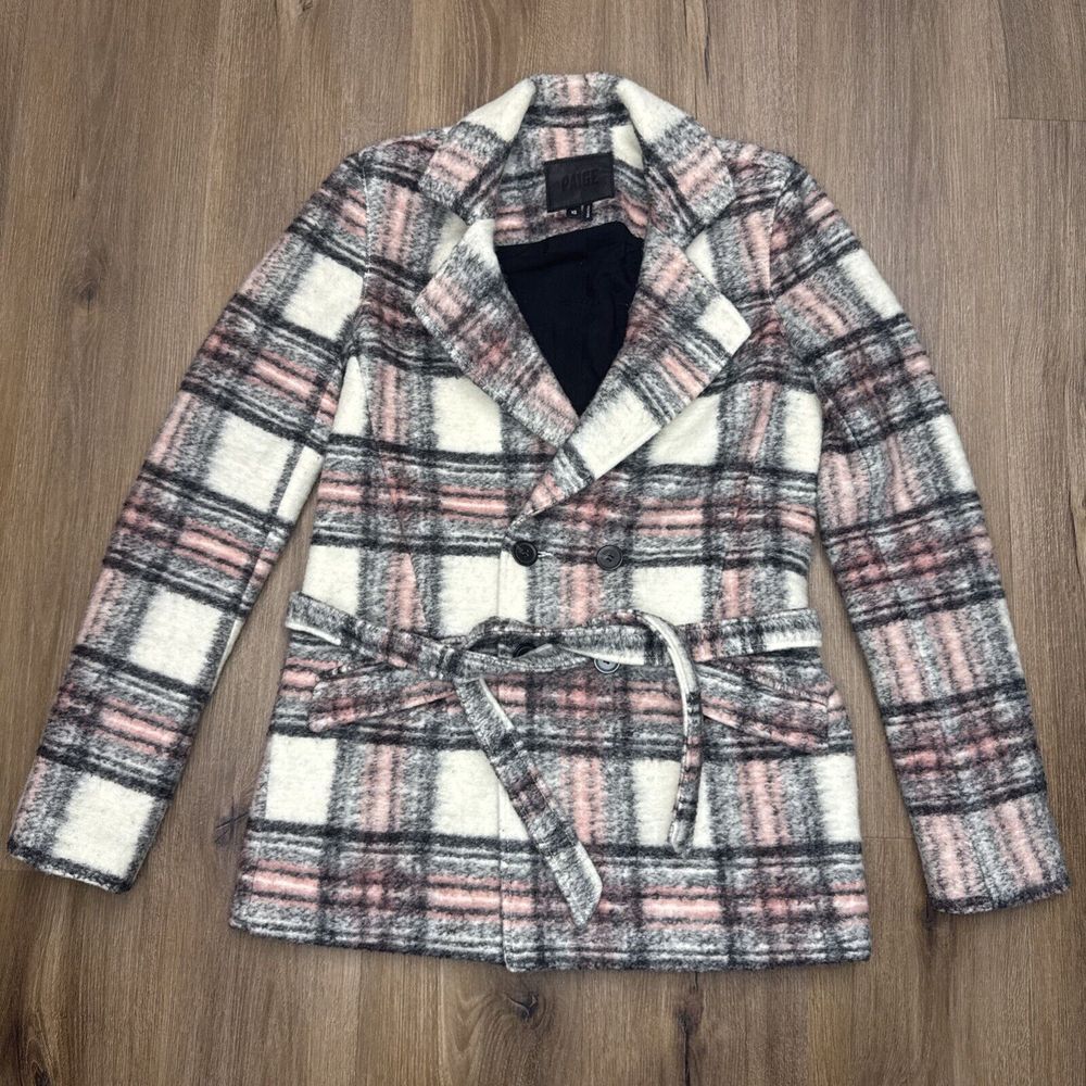 Paige Women XS Pink White Black Academia Wool Blend Preppy Belted Peacoat Jacket